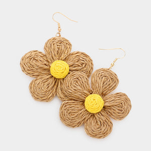 Raffia Flower Dangle Earrings - Nude