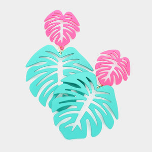 Tropical Leaf Statement Earrings - Teal