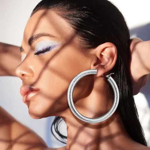 Textured Hoops Earrings - Silver